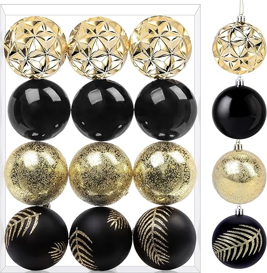 Set di 12 palline nero ed oro per Albero di Natale - 8 cm
