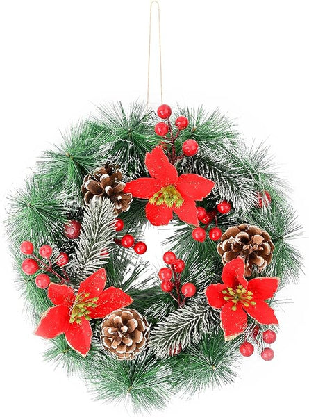Corona di Natale 32 cm per Porta con Bacche Rosse e Pigne per Interno ed Esterno